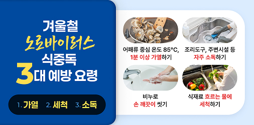 겨울철 노로바이러스 식중독 3대 예방 요령. 1.가열 - 2.세척 - 3.소독. 어패류 중심 온도 85도 1분 이상 가열하기. 조리도구, 주변시설 등 자주 소독하기. 비누로 손 깨끗이 씻기. 식재료 흐르는 물에 세척하기