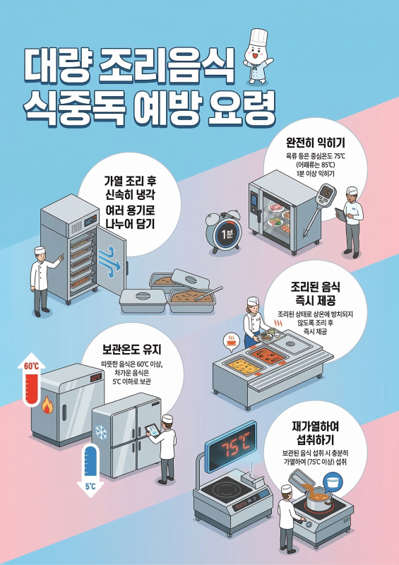 대량 조리음식 식중독 예방 요령, 완전히 익히기(육류 등은 중심온도 75도씨, 어패류는 85도씨 이상 1분 이상 익히기), 가열 조리 후 신속히 냉각하고 여러 용기에 나누어 담기, 조리된 음식 즉시 제공(조리된 상태로 상온에 방치되지 않도록 조리 후 즉시 제공), 보관온도 유지(따뜻한 음식은 60도씨 이상, 차가운 음식은 5도씨 이하 보관), 재가열하여 섭취하기(보관된 음식 섭취 시 충분히(75도씨) 가열하여 섭취))